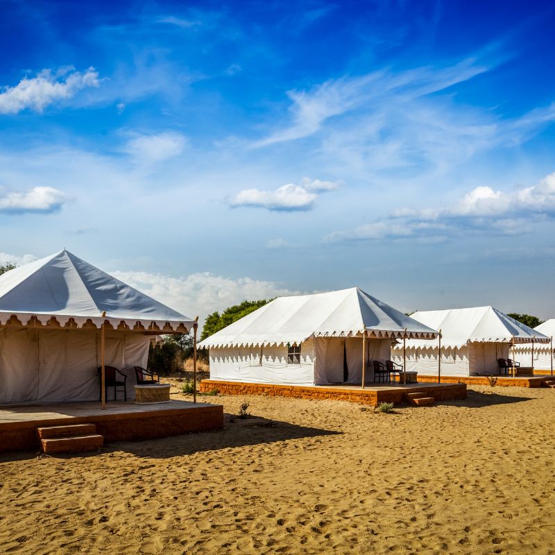 Outdoor Tent camp in desert. Jaisalmer, Rajasthan, India.